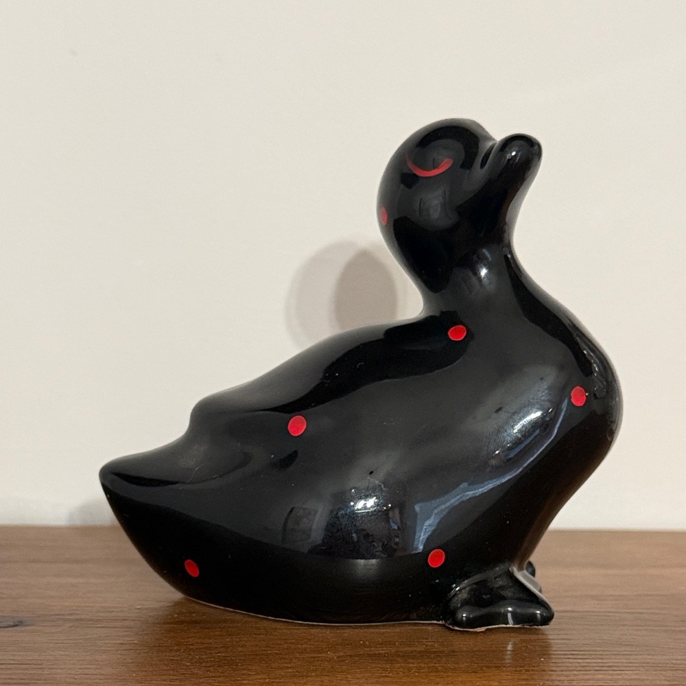 Vintage Enesco Black Ceramic Duck Figurine with Red Accents